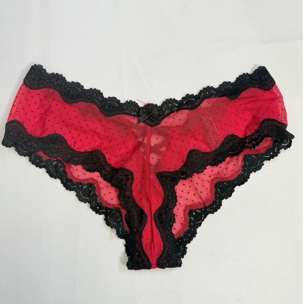 Victoria’s Secret Dream Angels Bra Set 36C M Red Black Lace Demi Cheeky NWT - Picture 7 of 9